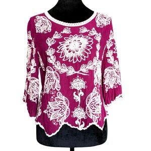 Solitaire Magenta Blouse with White Embroidery 3/4 sleeve